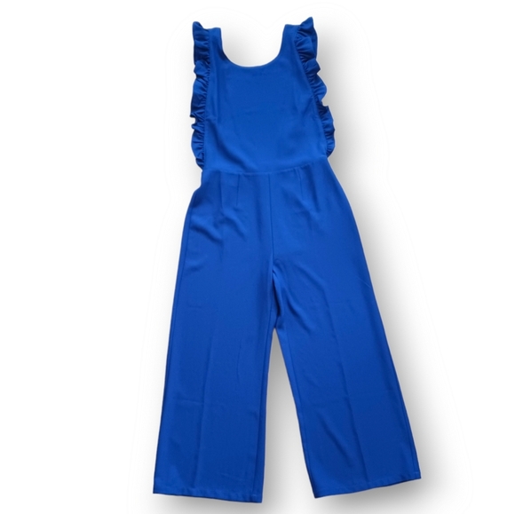 Free Press SZ Small Ruffle‎ Sleeve Wide Leg Crop Pinafore Jumpsuit Blue Womens - Picture 2 of 10